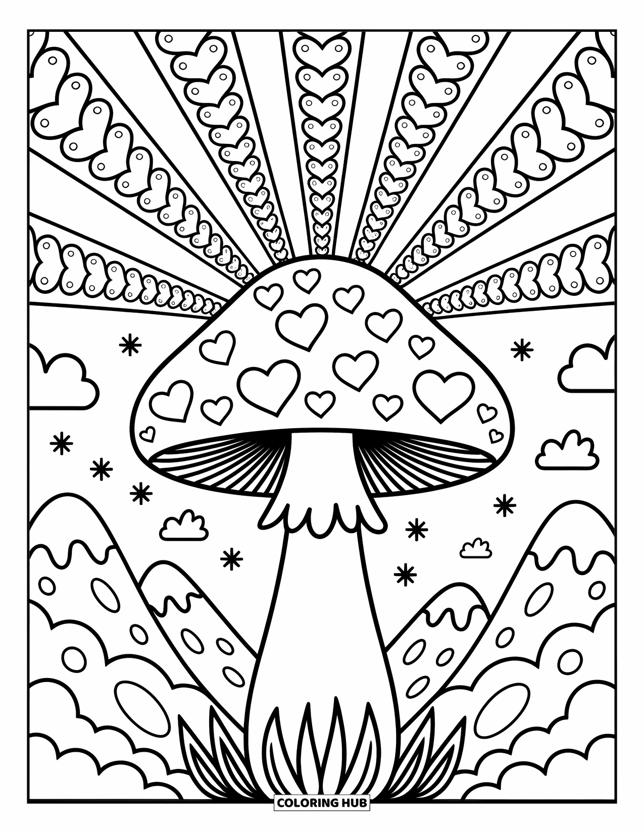 Hippie Mushroom Coloring Page for Adults: Playful mushroom with sunburst lines and floating flower shapes in the sky