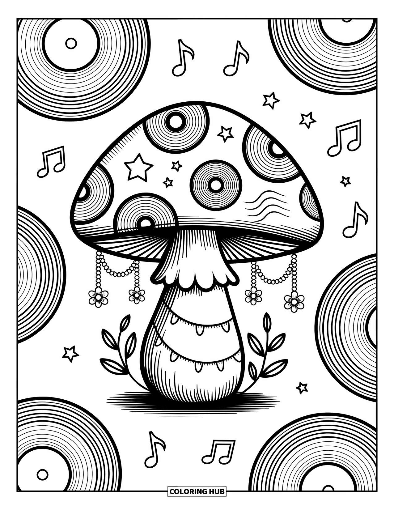Hippie Mushroom Coloring Page for Adults: Retro mushroom with vinyl grooves, stars, and flower chain vines