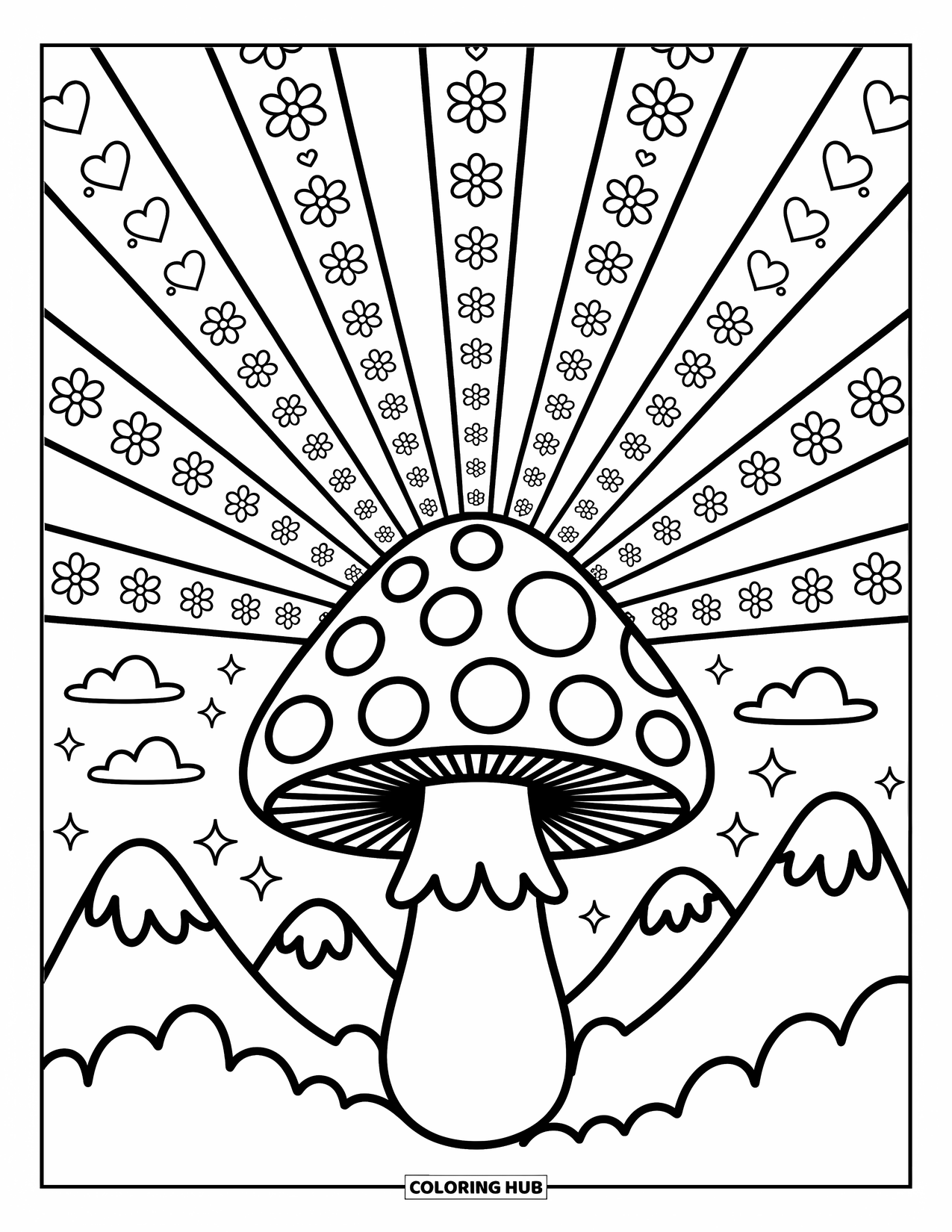 Hippie Mushroom Coloring Page for Adults: Sunbeam-patterned mushroom under clouds with stars and swirls