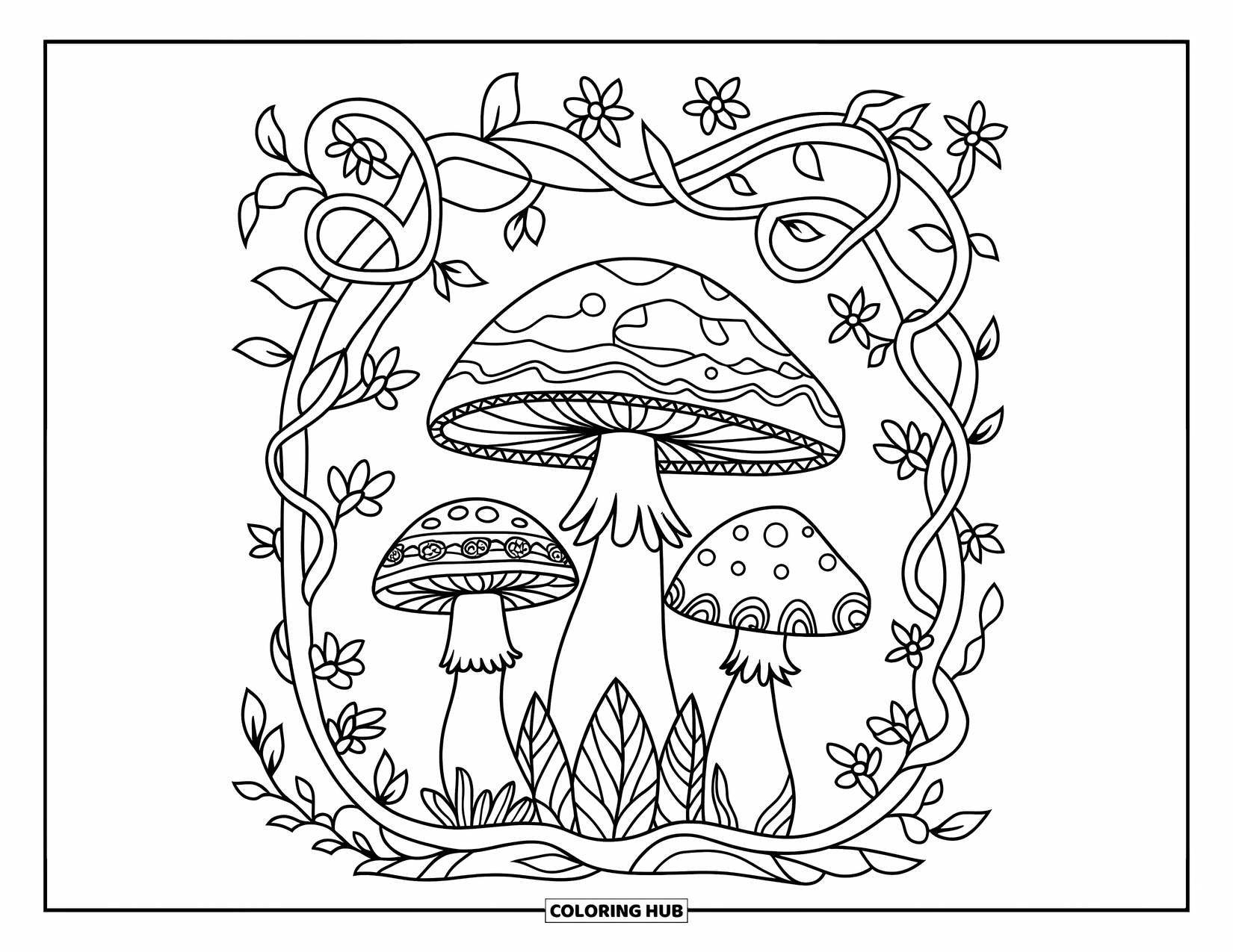 Hippie Mushroom Coloring Page for Adults: Three patterned mushrooms nestled in a floral forest nook