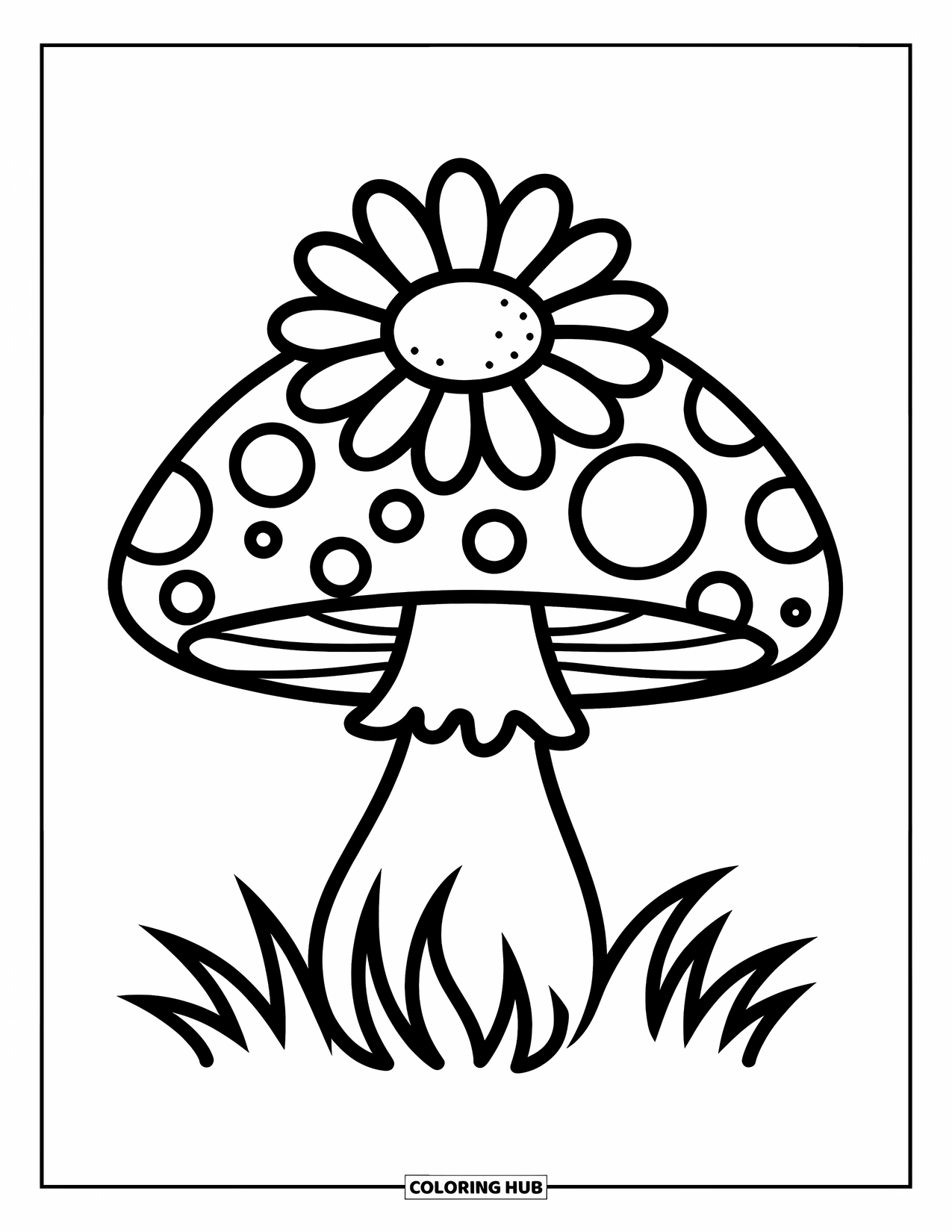 Hippie Mushroom Coloring Page for Kids: Big mushroom with a daisy on top and grass below