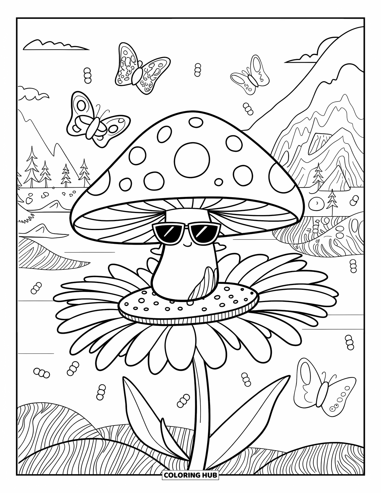 Hippie Mushroom Coloring Page for Kids: Chill mushroom with shades sitting on a daisy by a lake