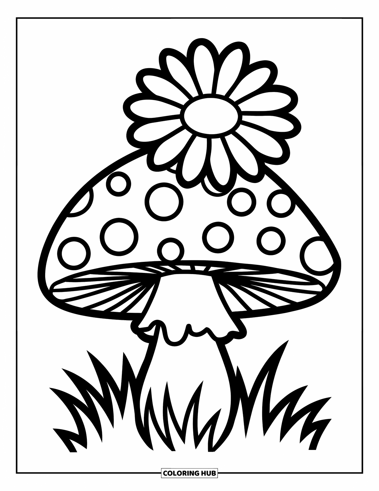 Hippie Mushroom Coloring Page for Kids: Chunky mushroom with a daisy growing on grassy ground