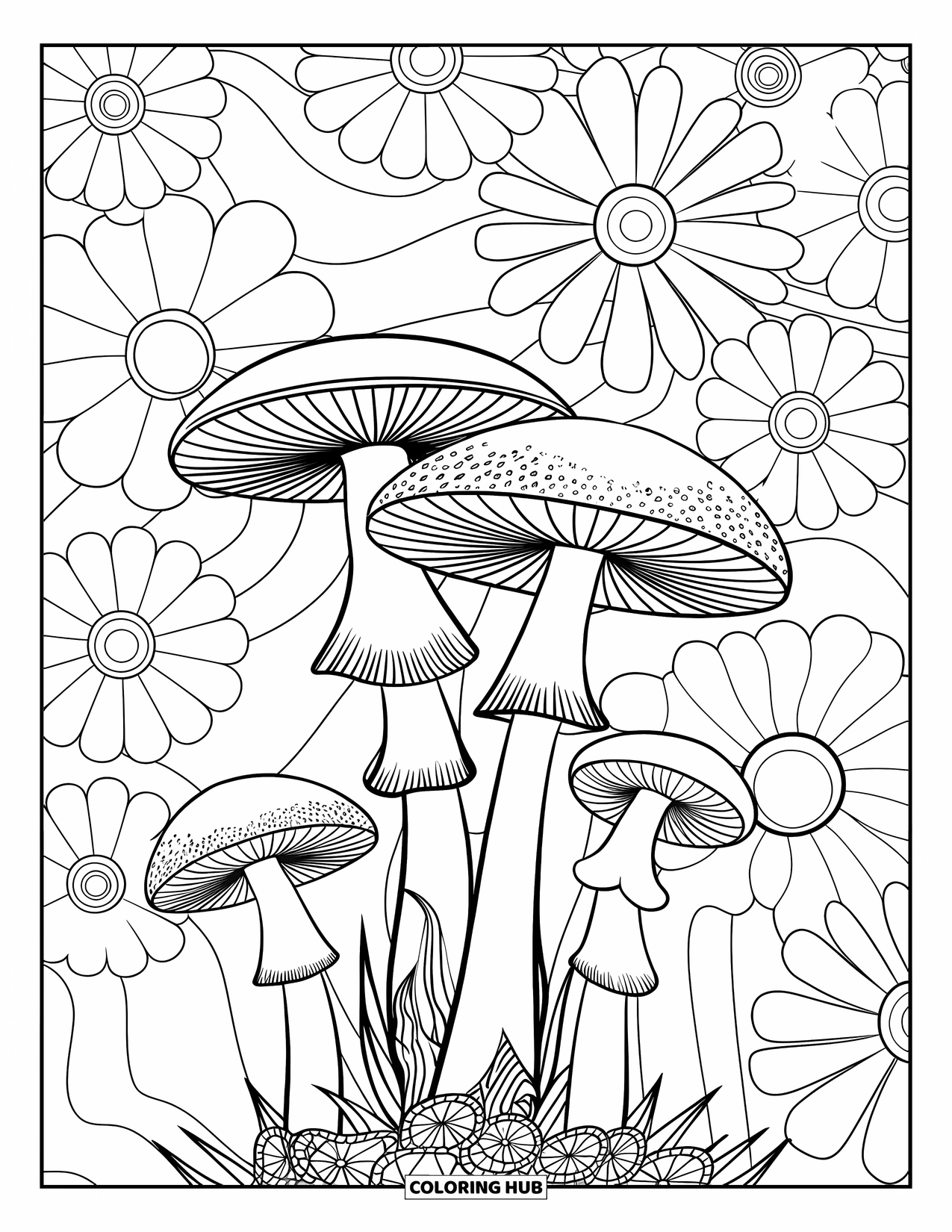 Hippie Mushroom Coloring Page for Kids: Cluster of mushrooms in a floral field with groovy swirls