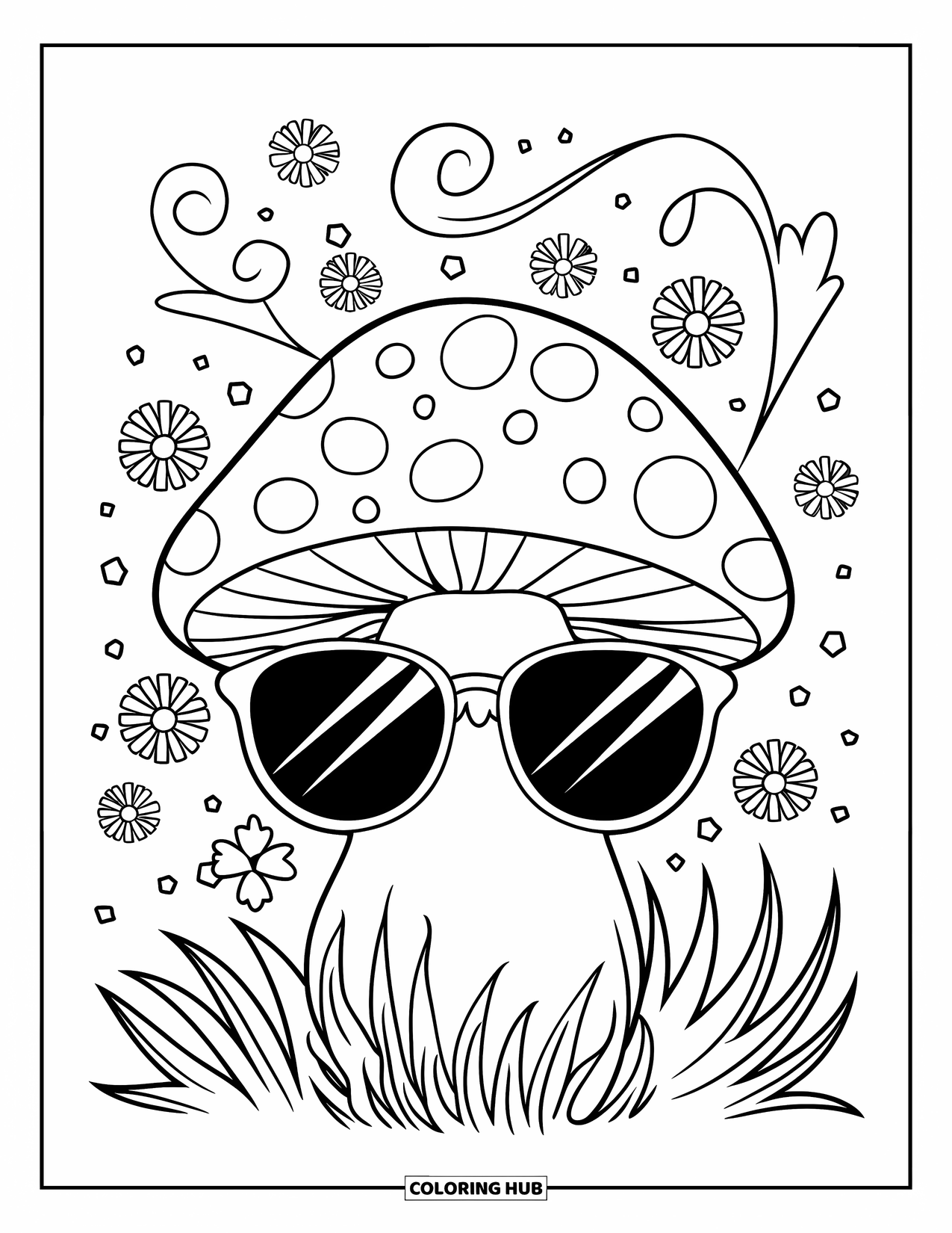 Hippie Mushroom Coloring Page for Kids: Cool mushroom with shades surrounded by swirling patterns and little flowers