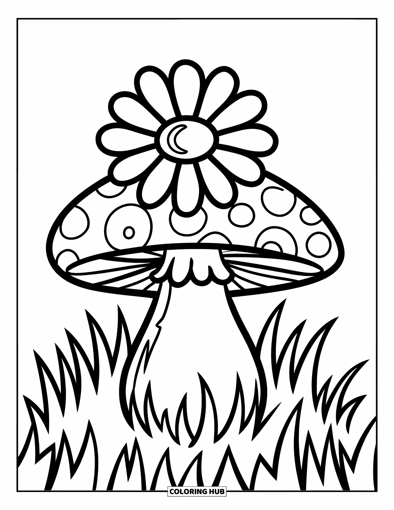 Hippie Mushroom Coloring Page for Kids: Daisy-topped mushroom with playful patterns and curvy grass