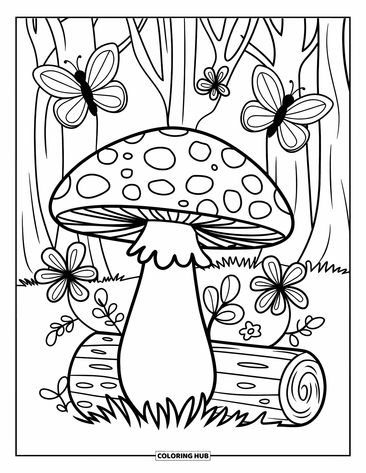 Hippie Mushroom Coloring Page for Kids: Decorated mushroom with butterflies on a log in a forest