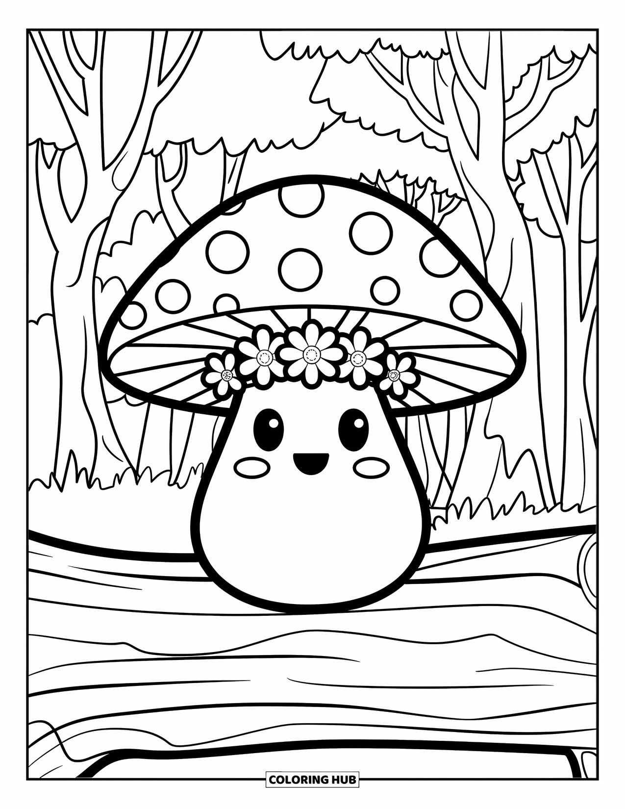 Hippie Mushroom Coloring Page for Kids: Flower-crowned mushroom sitting calmly on a forest log