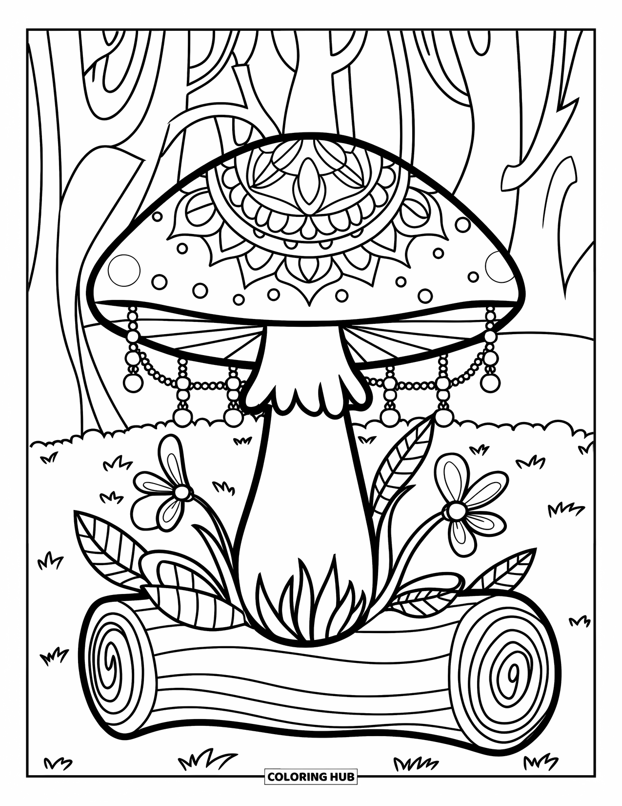 Hippie Mushroom Coloring Page for Kids: Forest mushroom with mandala cap and beads growing from a log