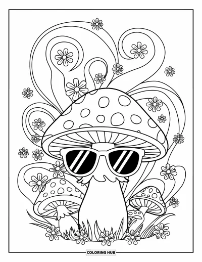 Hippie gomba kifestő gyerekeknek: Funky gomba kis gombákkal, örvényekkel és mosolygós virágokkal