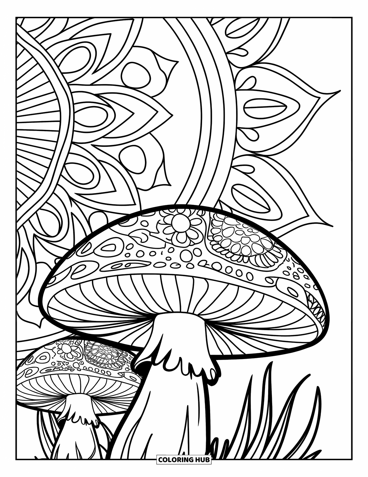 Hippie Mushroom Coloring Page for Kids: Groovy mushroom with bumpy textures and swirling mandalas