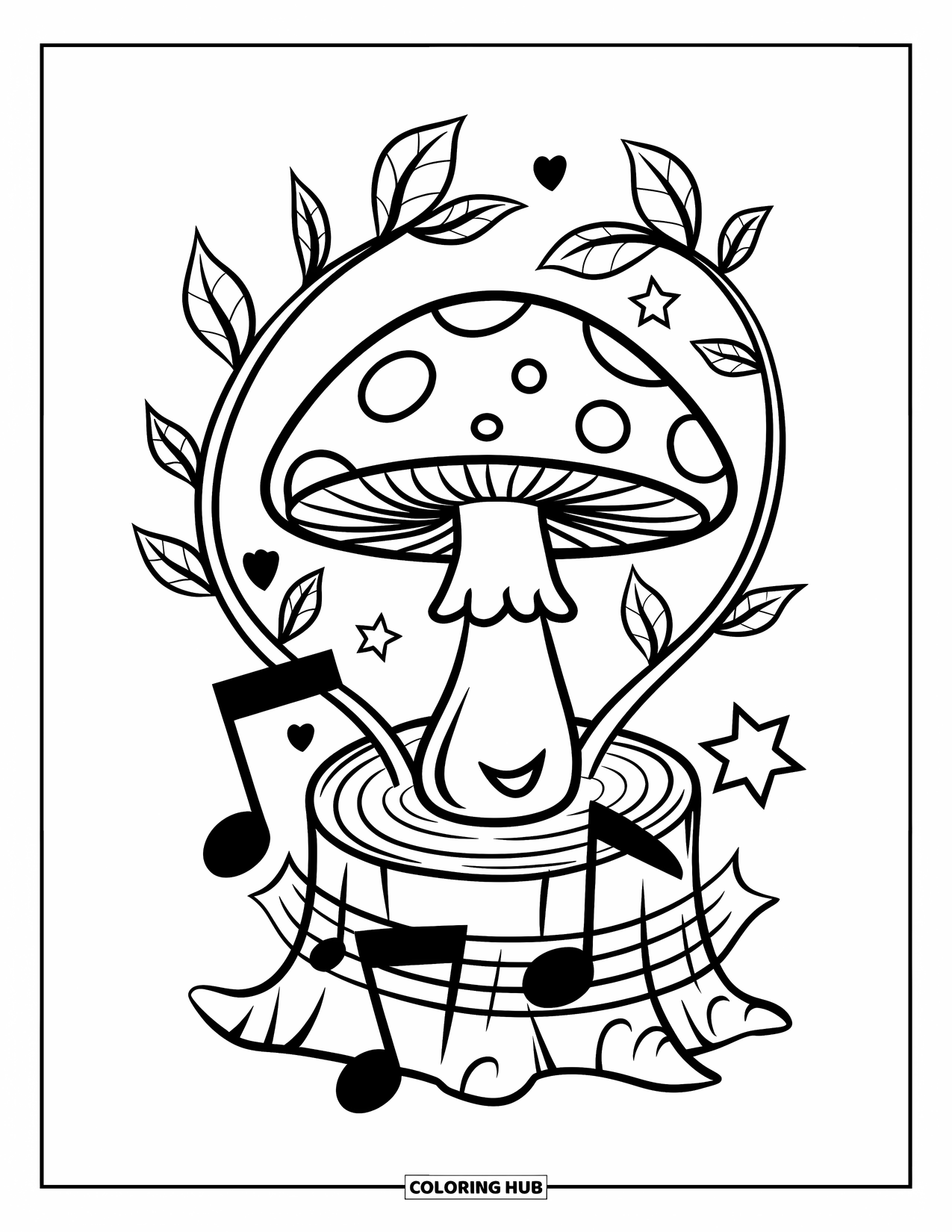 Hippie Mushroom Coloring Page for Kids: Happy mushroom growing from a stump with stars and heart-shaped vines