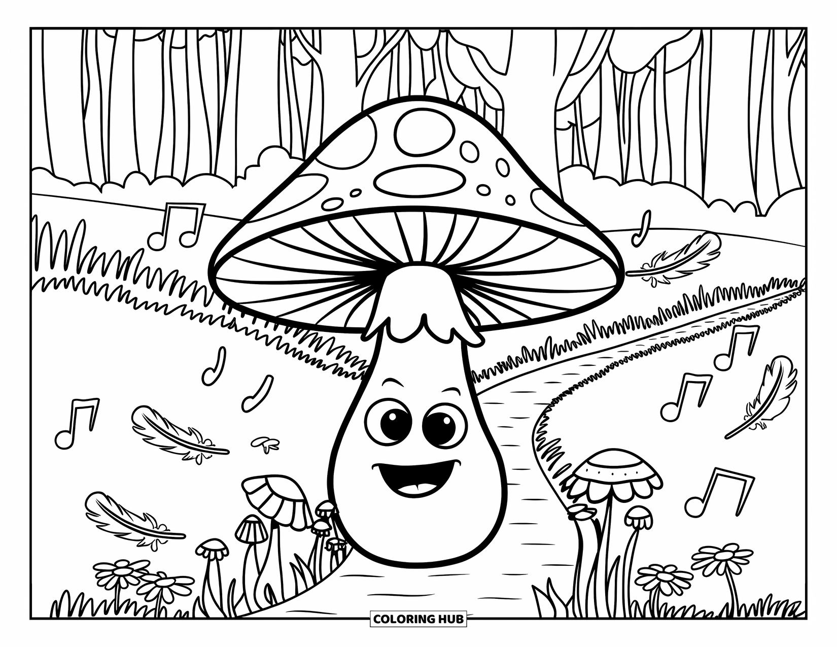 Hippie Mushroom Coloring Page for Kids: Happy mushroom on a forest path with music notes and flowers