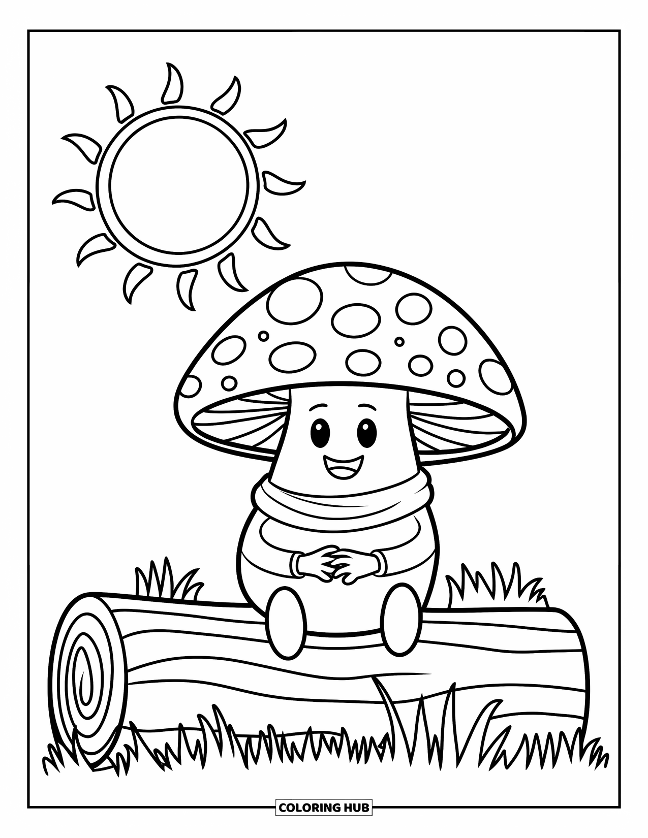 Hippie Mushroom Coloring Page for Kids: Happy mushroom on a log with a big sun above