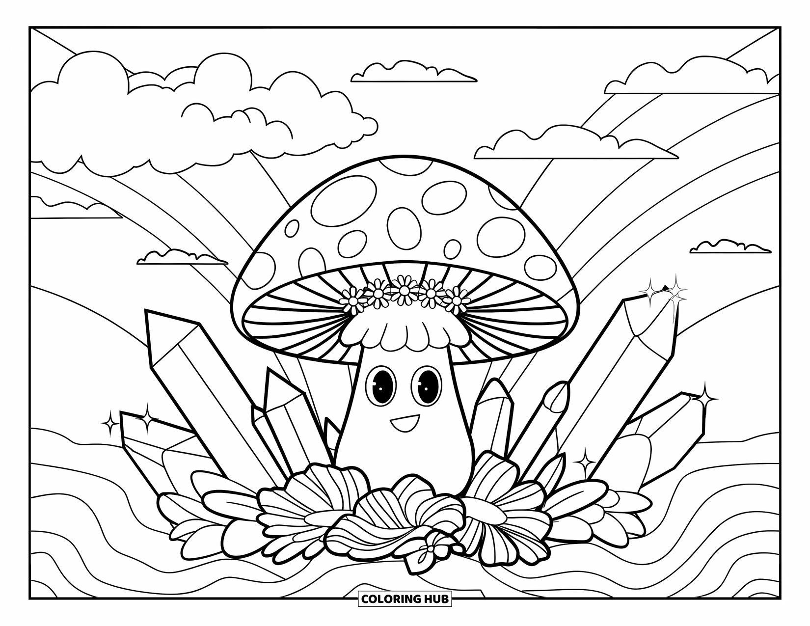 Hippie Mushroom Coloring Page for Kids: Happy mushroom with a flower crown under a rainbow sky