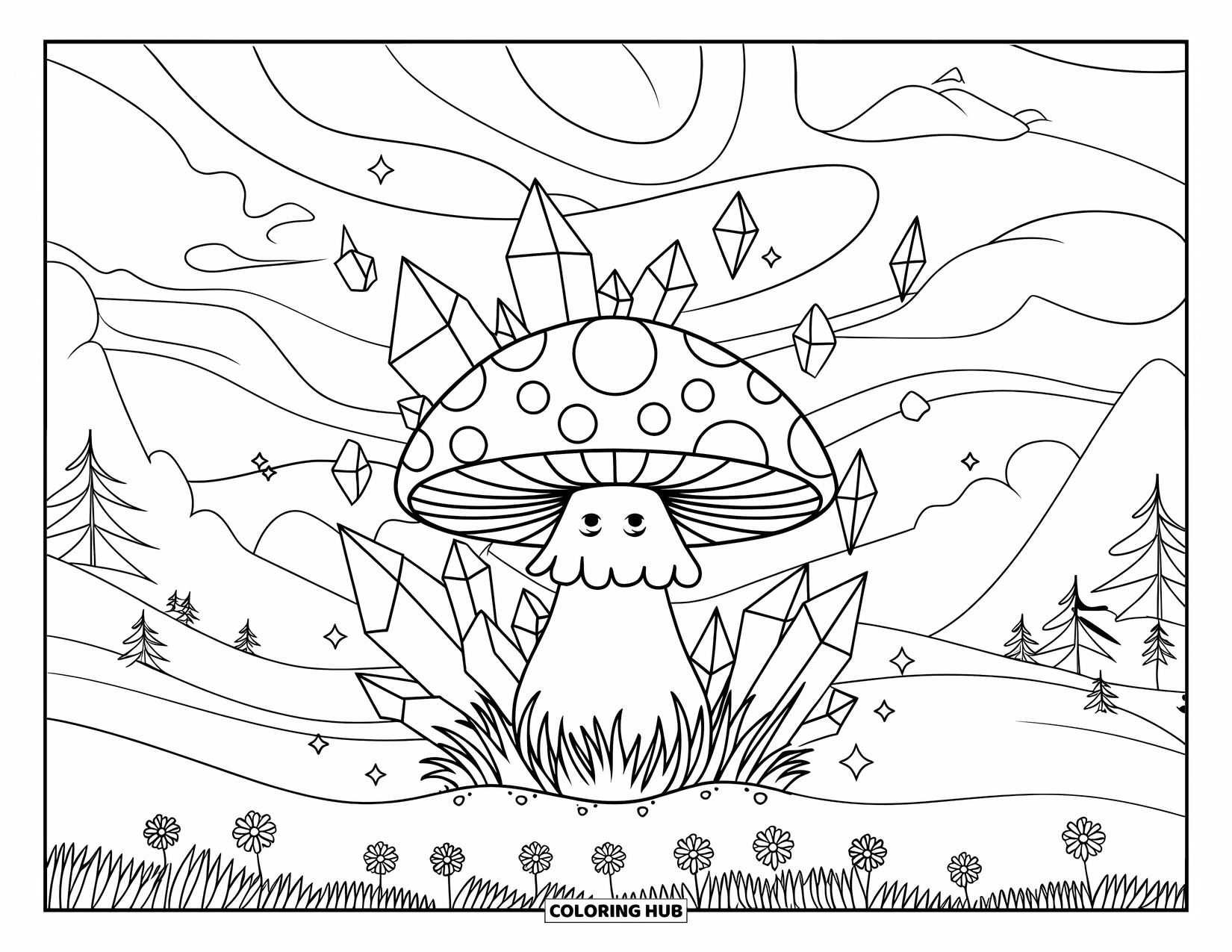Hippie Mushroom Coloring Page for Kids: Hippie mushroom on a grassy trail with crystals and mountains behind