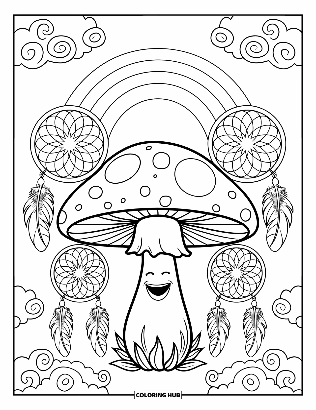 Hippie Mushroom Coloring Page for Kids: Hippie mushroom with dreamcatchers, feathers, and swirly skies