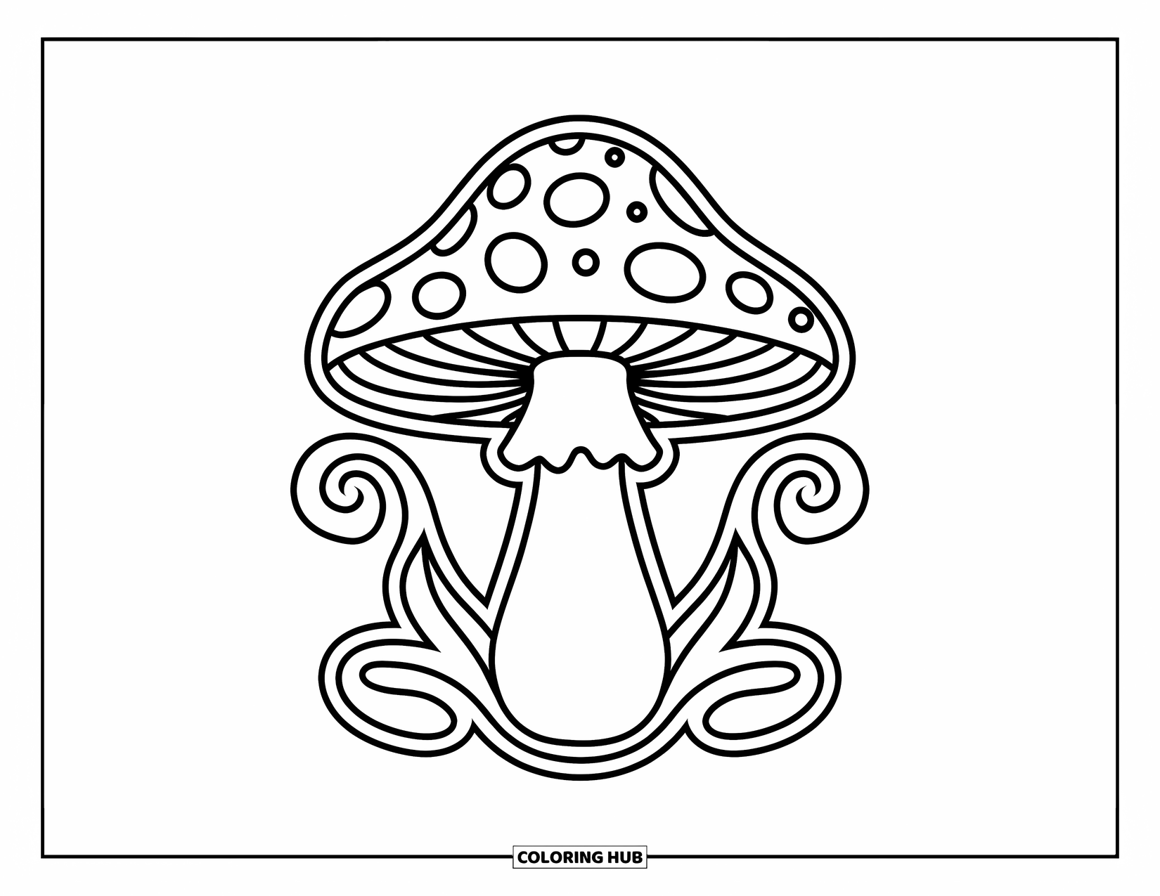 Hippie Mushroom Coloring Page for Kids: Large mushroom with rainbow swirls and thick stem