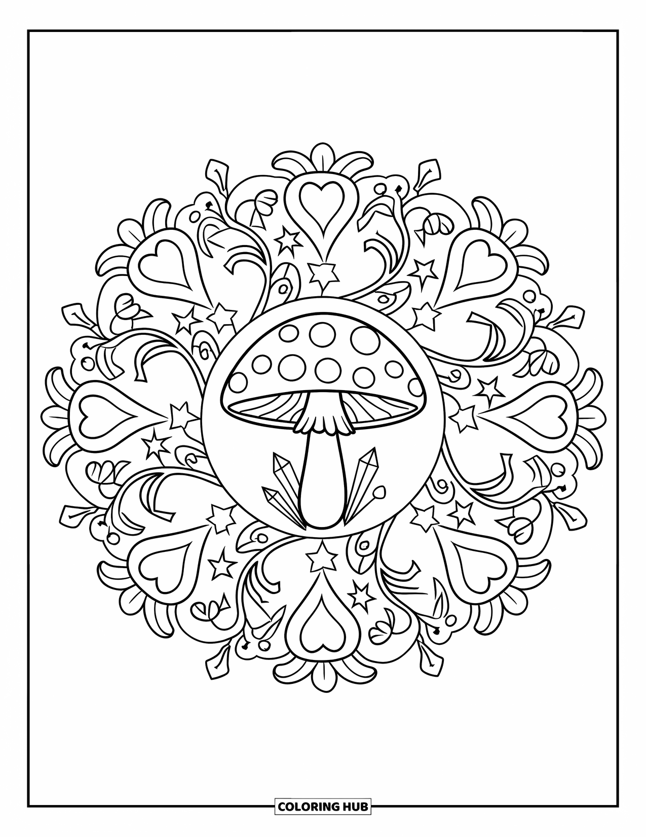 Hippie Mushroom Coloring Page for Kids: Magical mushroom ring with swirling vines and peaceful symbols
