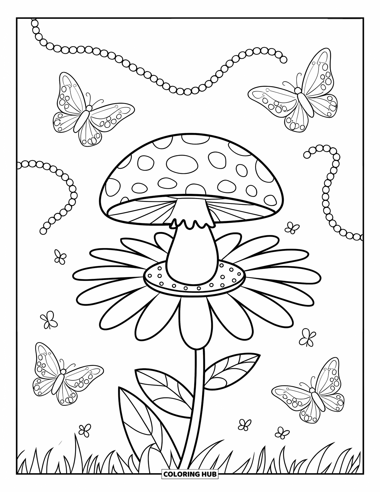 Hippie Mushroom Coloring Page for Kids: Mushroom balancing on a giant daisy with butterflies around
