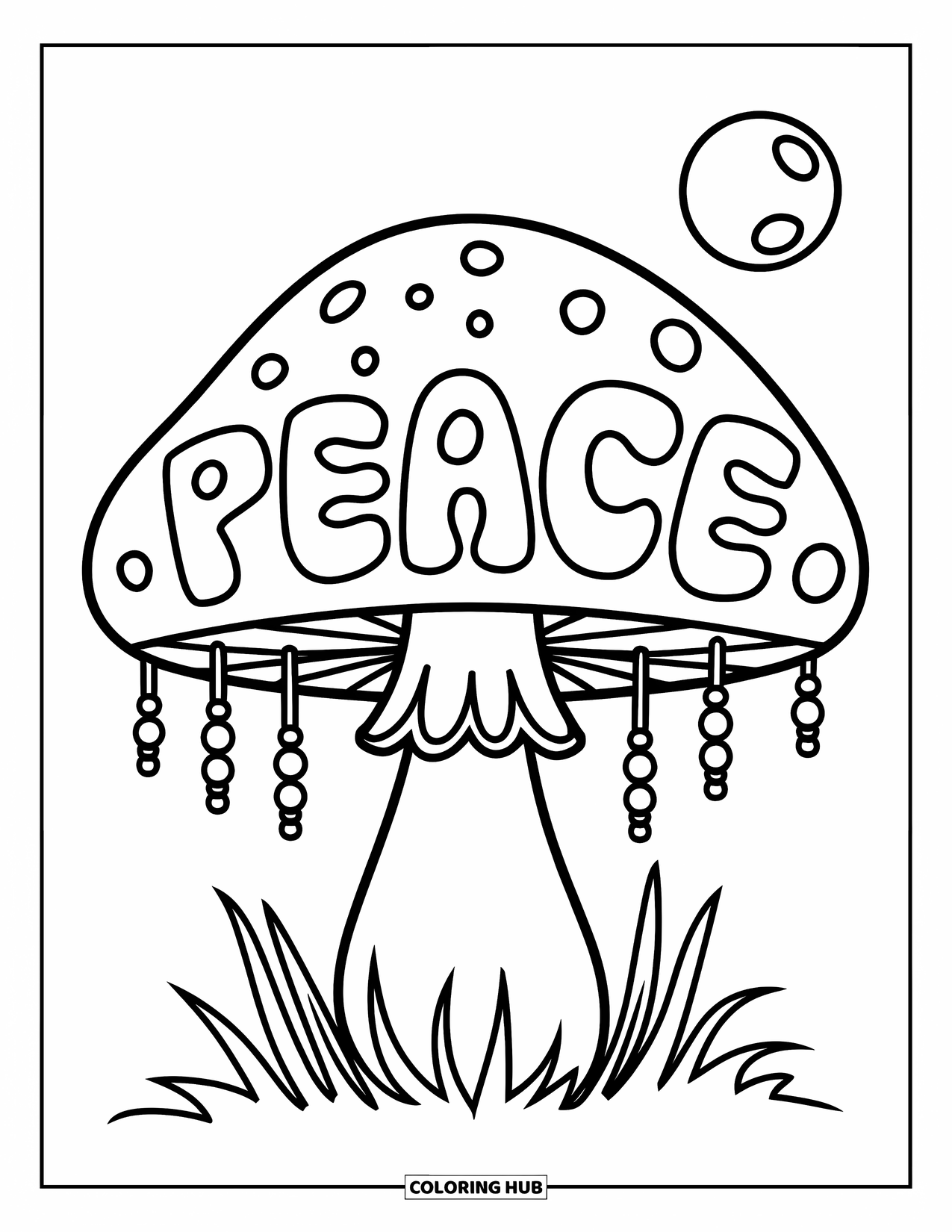 Hippie Mushroom Coloring Page for Kids: Mushroom cloud labeled "Peace" under a moonlit tree
