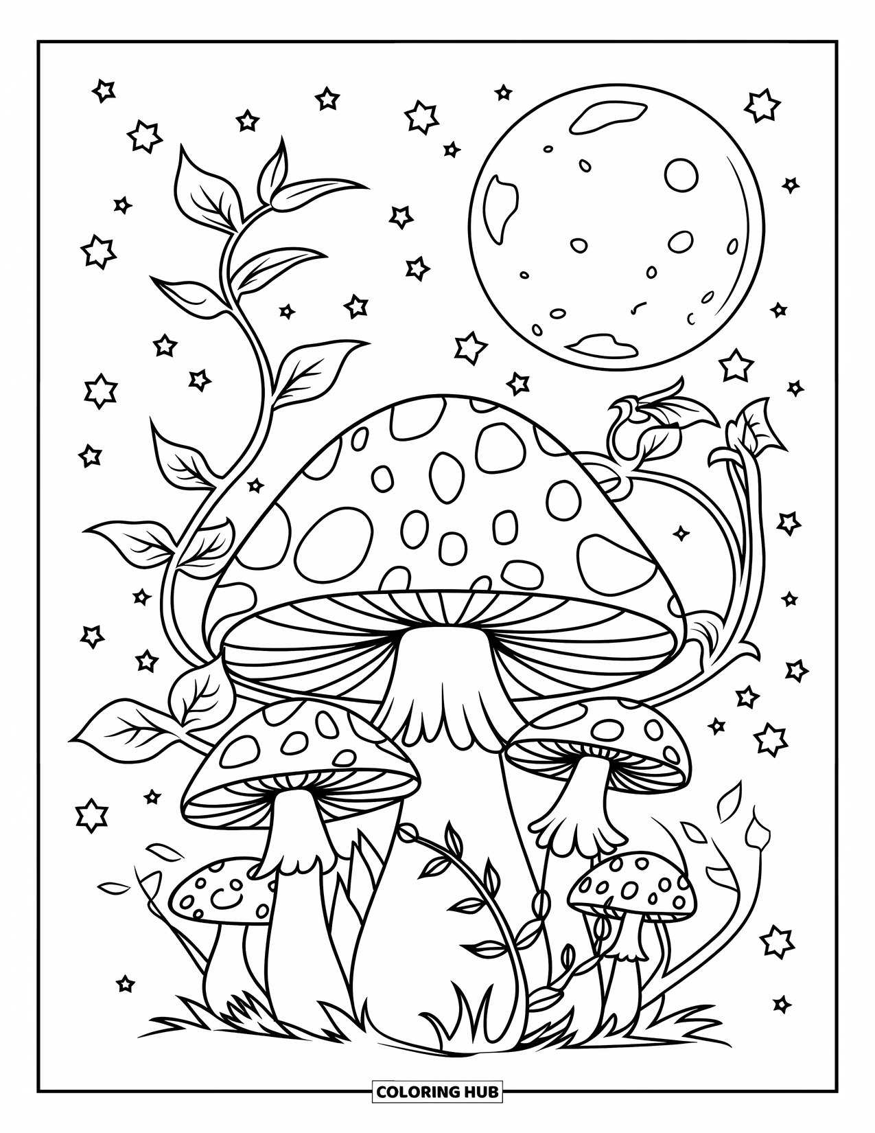 Hippie Mushroom Coloring Page for Kids: Mushroom scene under a full moon with leafy vines and stars