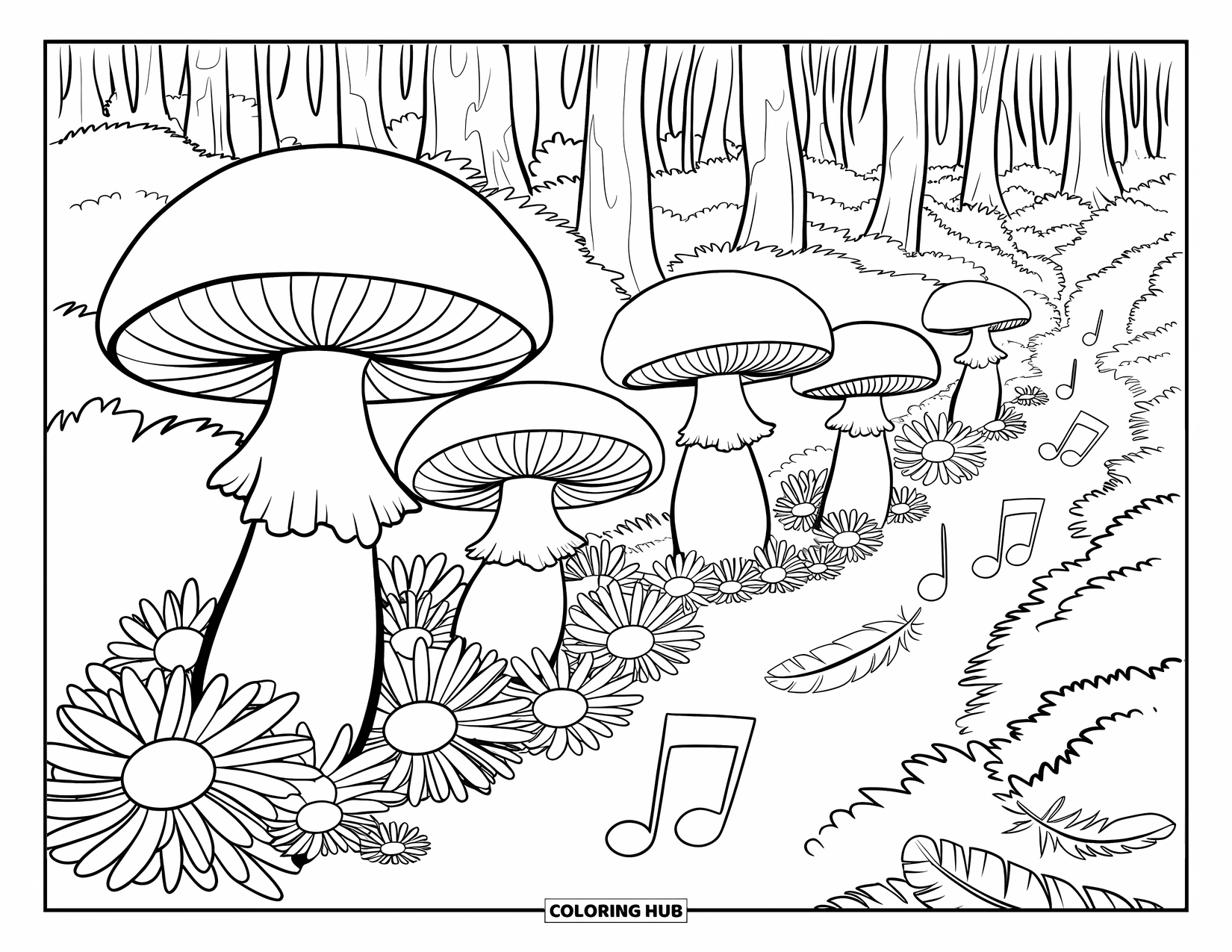 Hippie Mushroom Coloring Page for Kids: Mushroom trail lined with daisies, feathers, and forest trees
