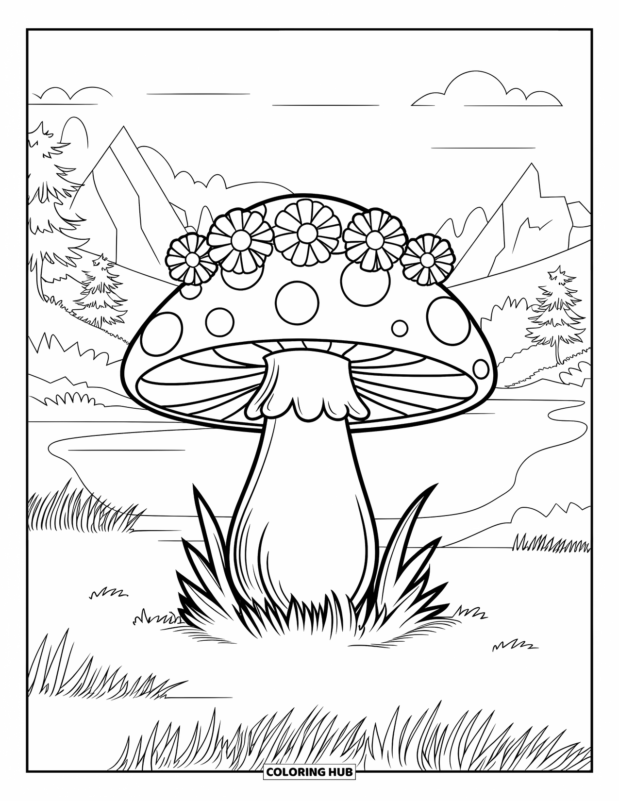 Hippie Mushroom Coloring Page for Kids: Mushroom with a flower crown by a lake and mountain view