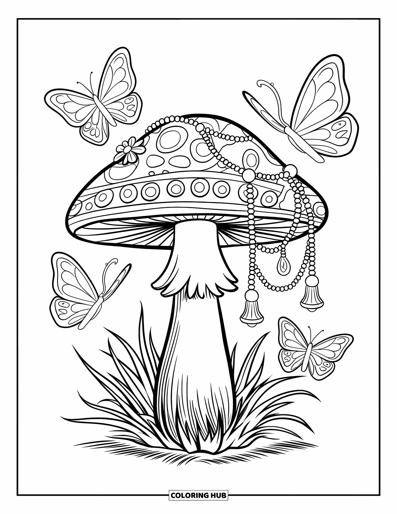 Hippie Mushroom Coloring Page for Kids: Mushroom with beads and butterflies floating around its flower-covered cap