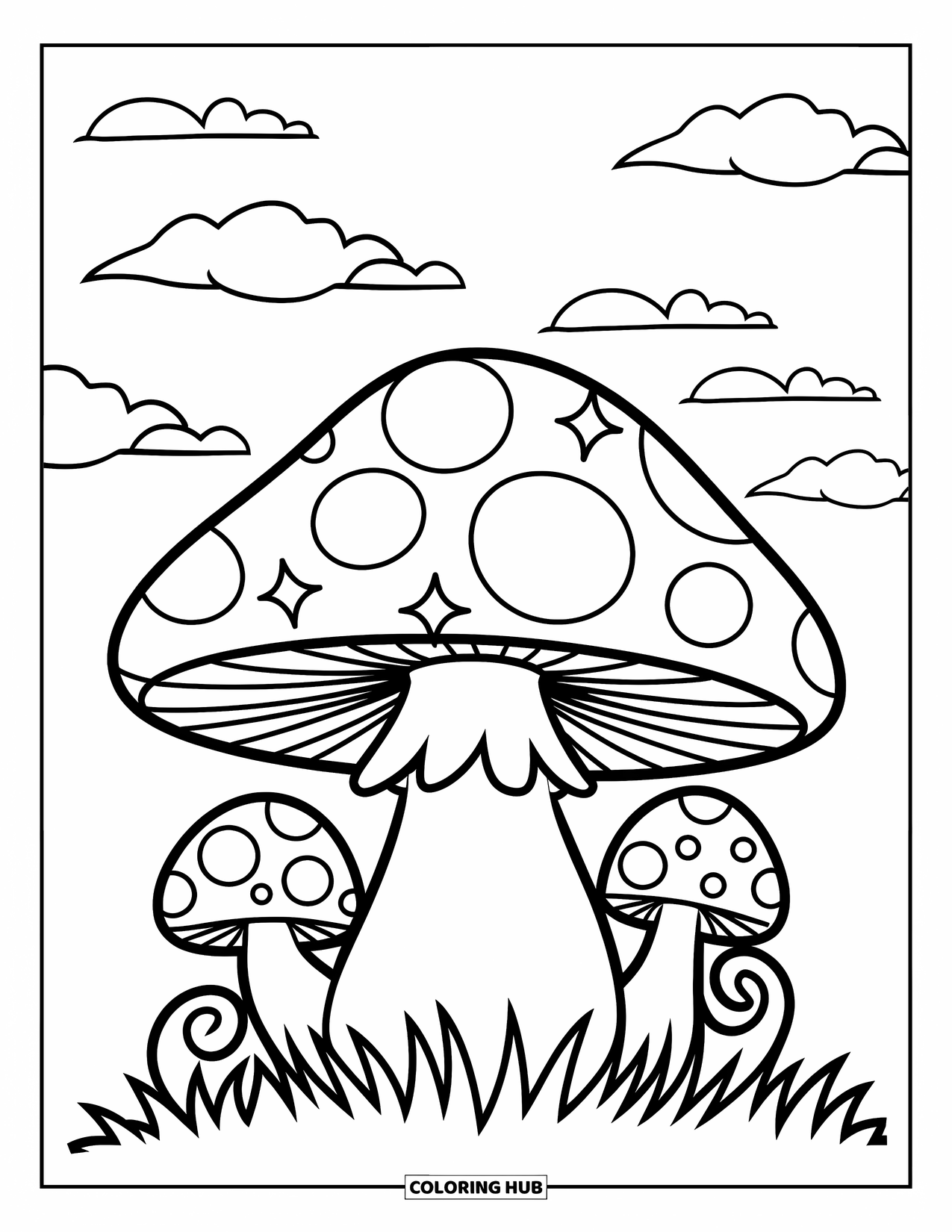 Hippie Mushroom Coloring Page for Kids: Mushroom with star shapes and curly vines under a puffy sky