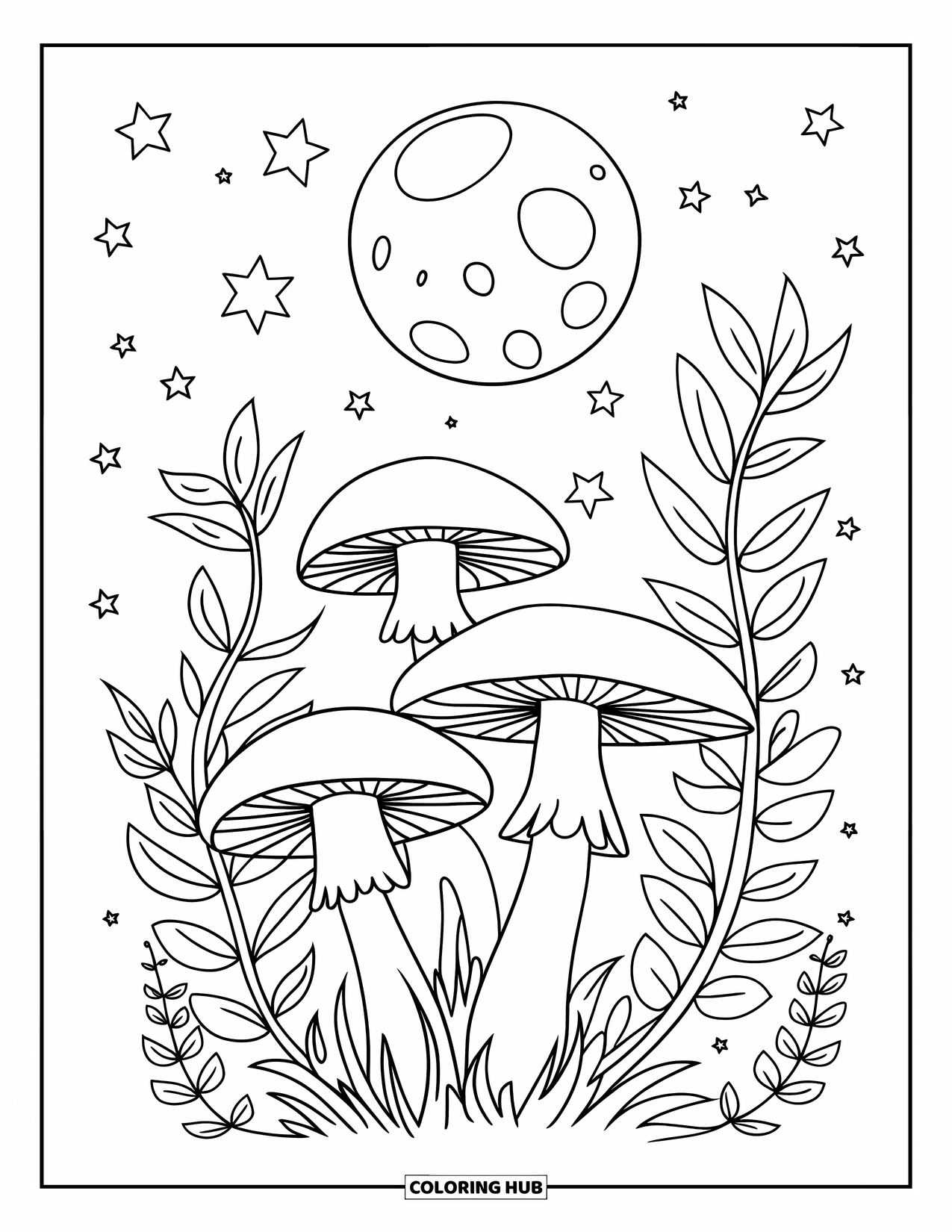 Hippie Mushroom Coloring Page for Kids: Mushrooms and vines growing beneath a moonlit sky