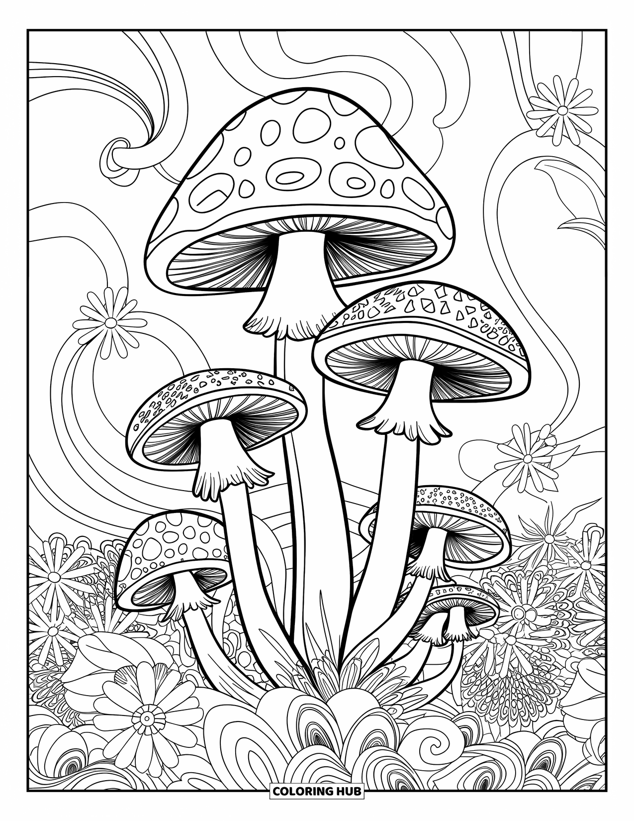 Hippie Mushroom Coloring Page for Kids: Mushrooms with patterned caps in a flower-filled groovy meadow