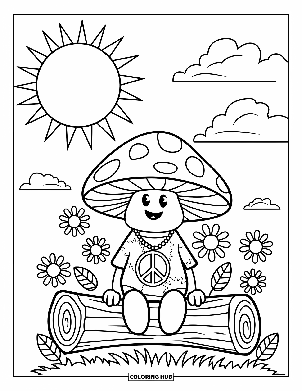 Hippie Mushroom Coloring Page for Kids: Peaceful mushroom in a tie-dye shirt under the sun and fluffy clouds