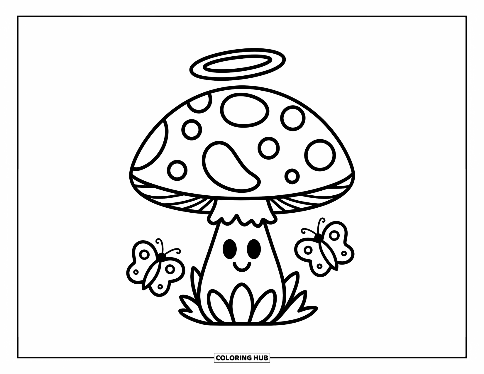 Hippie Mushroom Coloring Page for Kids: Smiley mushroom with a halo and two fluttering butterflies