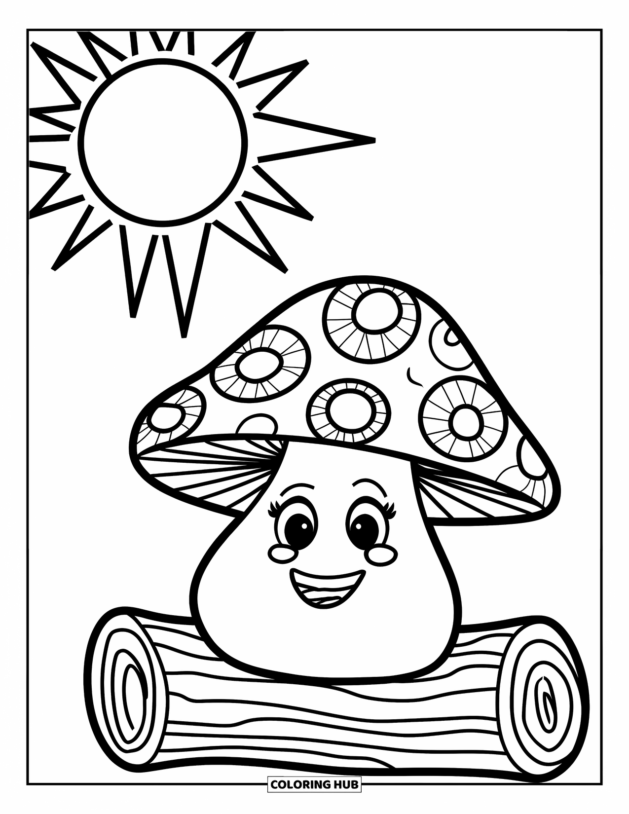 Hippie Mushroom Coloring Page for Kids: Smiling mushroom in tie-dye sitting under a sunny sky