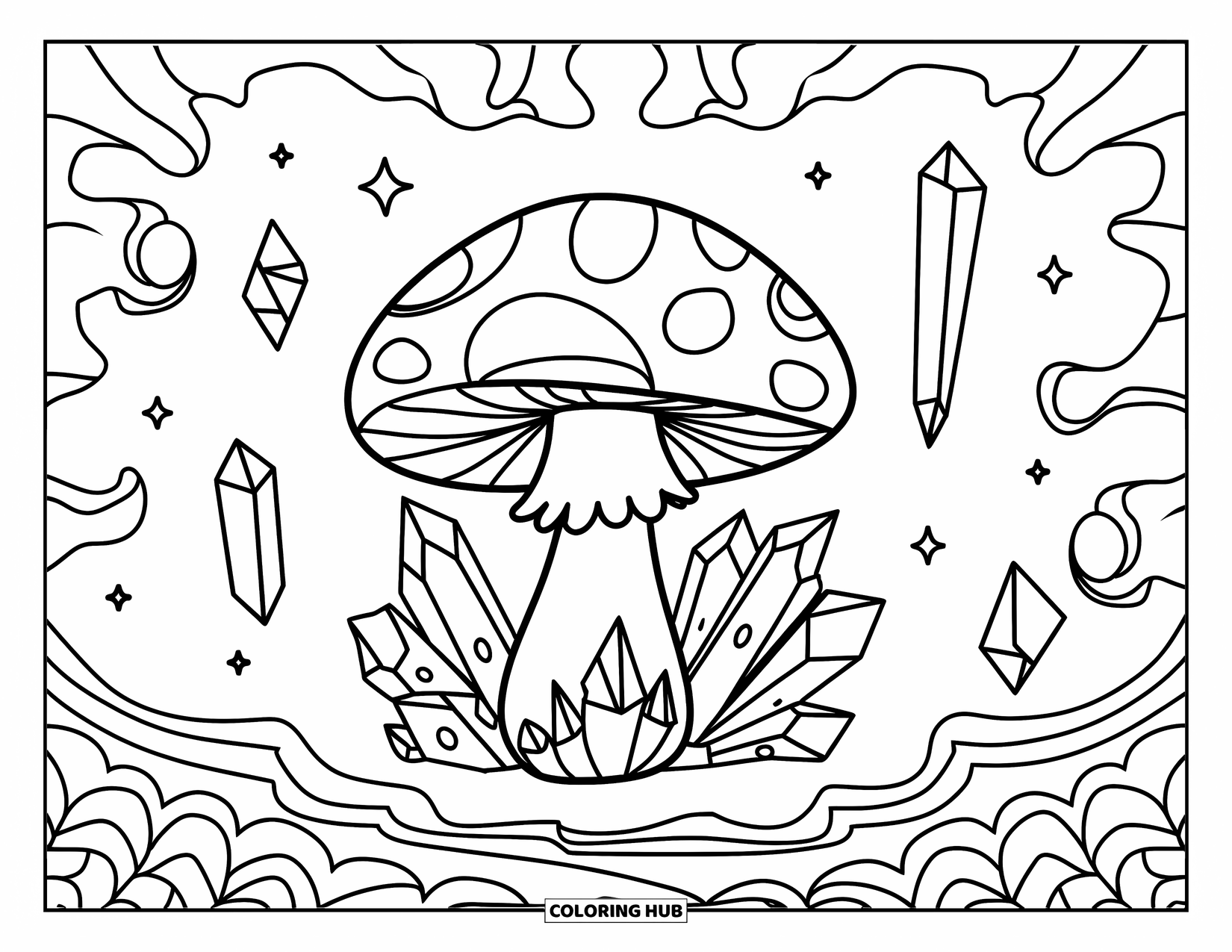 Hippie Mushroom Coloring Page for Kids: Smiling mushroom surrounded by swirls, crystals, and flower petals