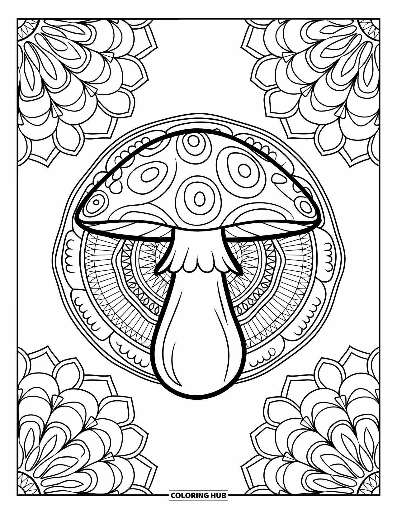 Hippie Mushroom Coloring Page for Kids: Spiraling mandalas surround a wide-capped hippie mushroom