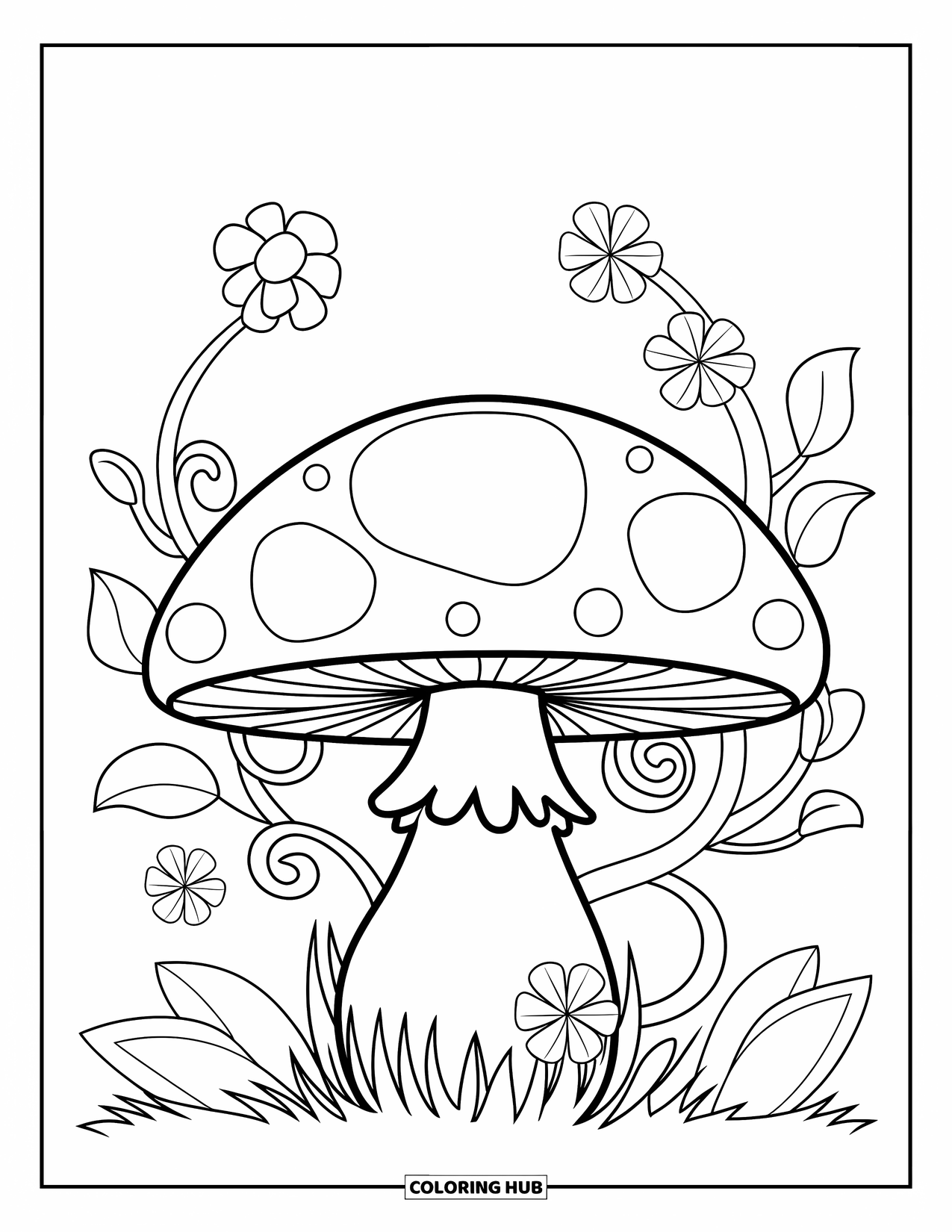 Hippie Mushroom Coloring Page for Kids: Star-topped mushroom with vines and flowers in the grass