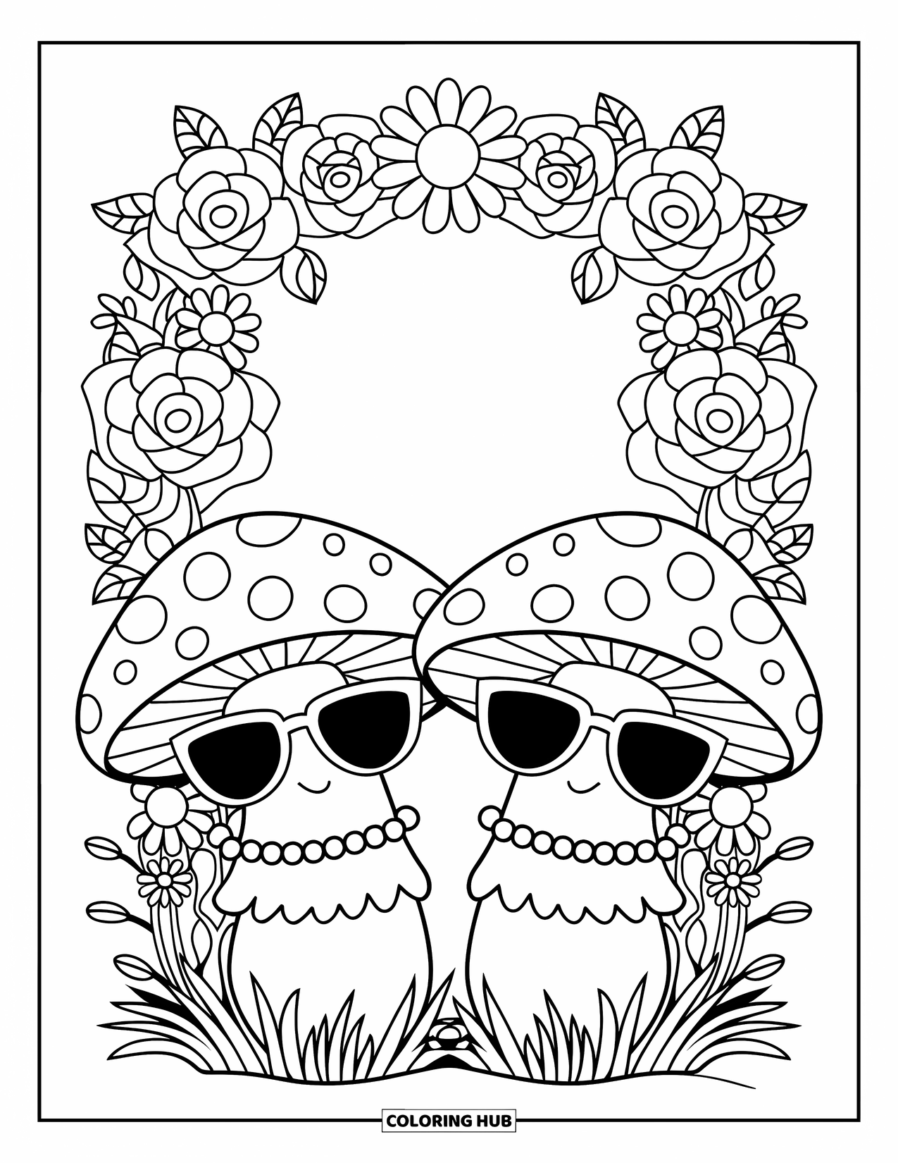 Hippie Mushroom Coloring Page for Kids: Sunglass-wearing mushroom pair among roses, daisies, and sunflowers