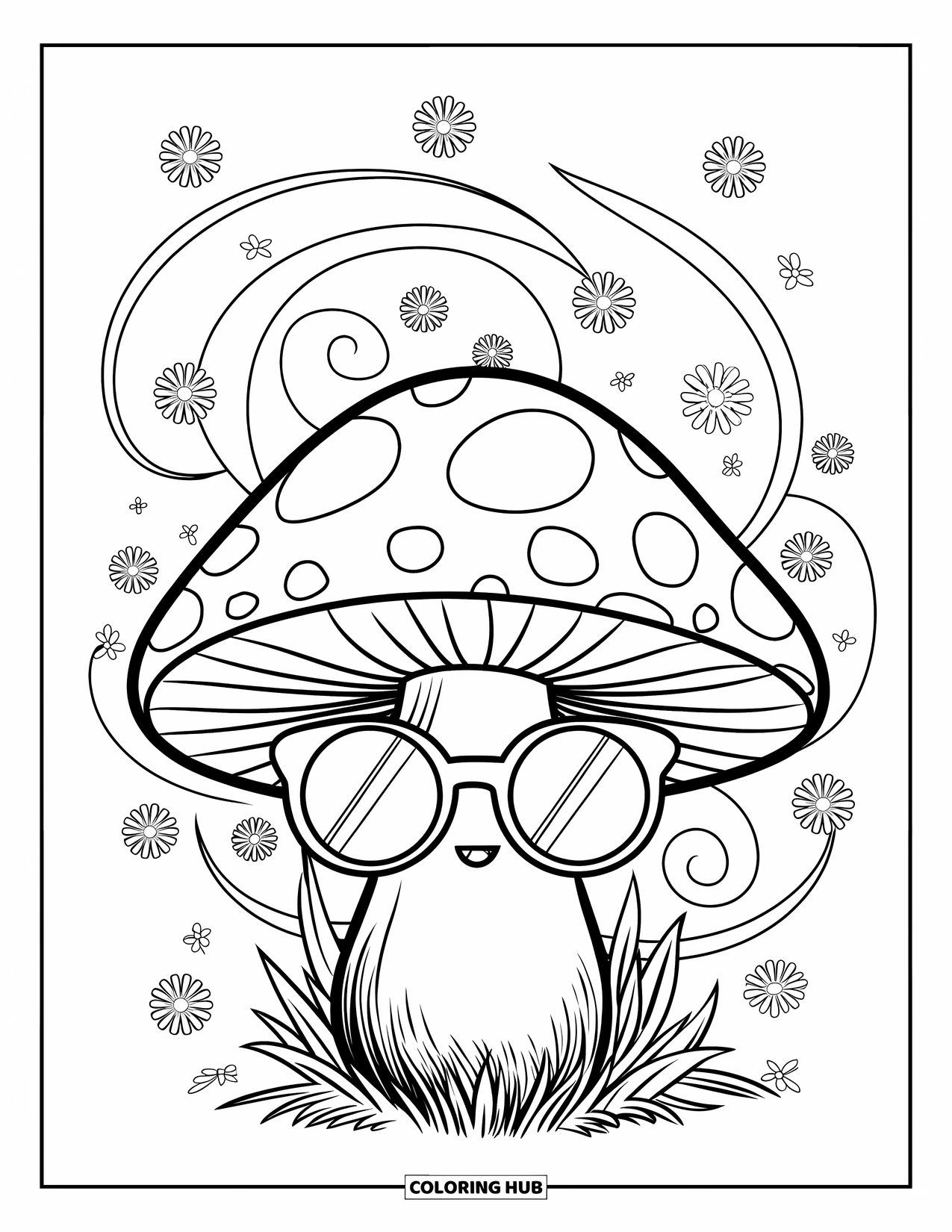 Hippie Mushroom Coloring Page for Kids: Sunglass-wearing mushroom with swirls and tiny flowers around it