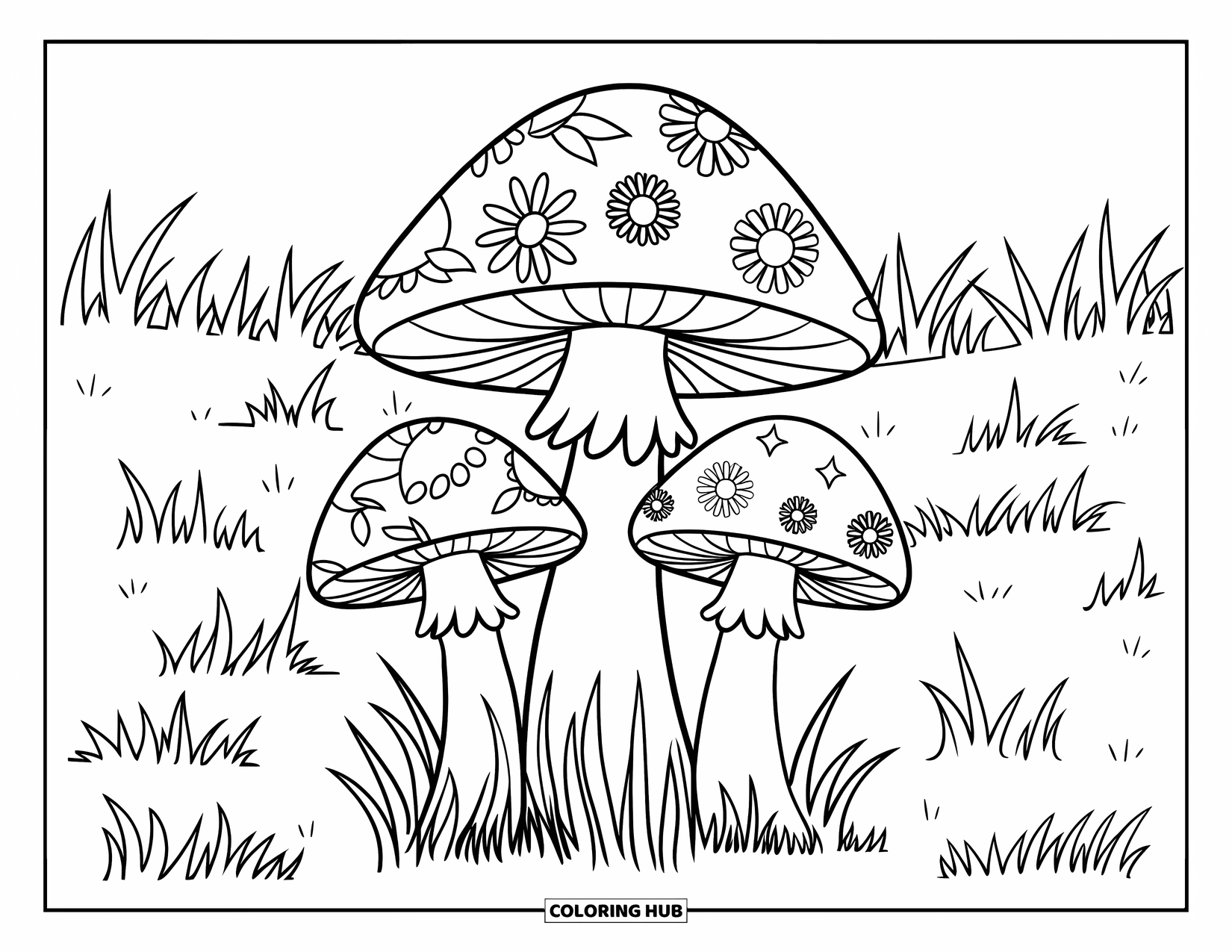 Hippie Mushroom Coloring Page for Kids: Three hippie mushrooms with floral caps in a grassy field