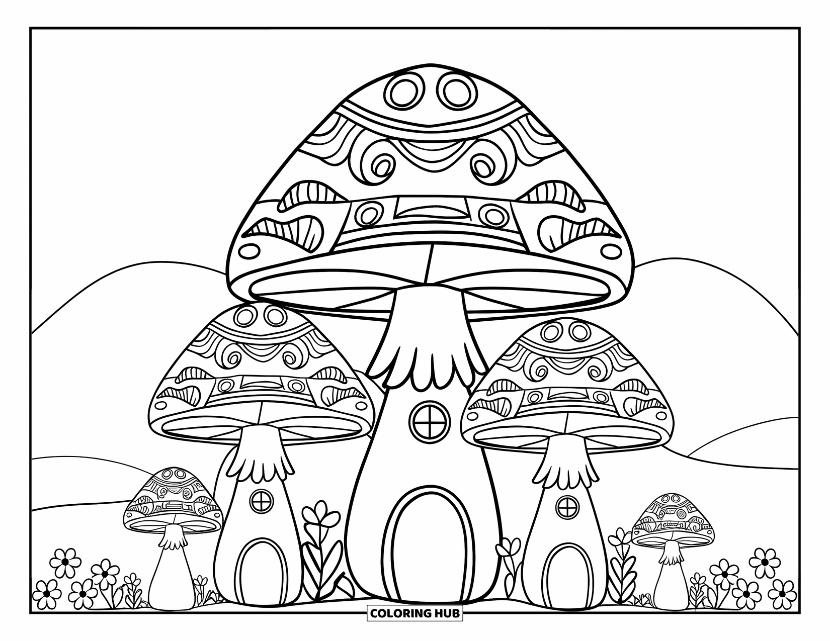 Hippie Mushroom Coloring Page for Kids: Three mushroom houses in a cozy, flower-filled village