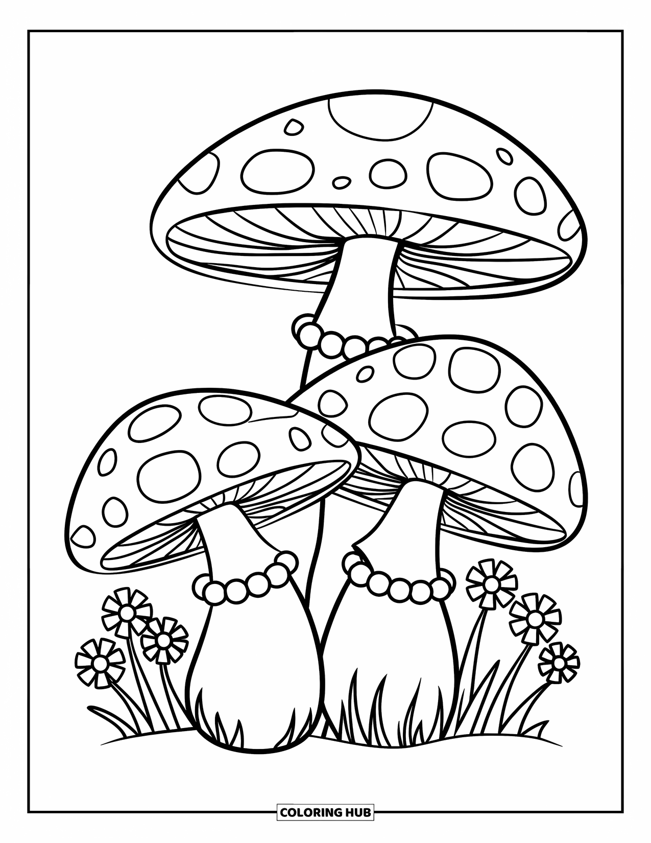 Hippie Mushroom Coloring Page for Kids: Two hippie mushrooms with beaded necklaces and flower bushes