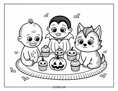 Disegno horror da colorare per adulti: Un baby zombie, un vampiro ridanciano e un lupo mannaro timido godono di un picnic rilassante insieme