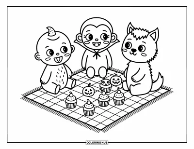 Disegno horror da colorare per adulti: Un baby zombie, un vampiro ridanciano e un lupo mannaro timido si riuniscono per un picnic con cupcake