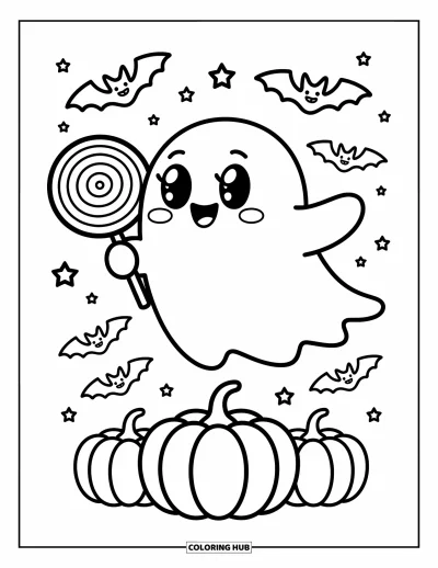 Disegno horror da colorare per adulti: Un fantasma allegro con un lecca-lecca fluttua sopra zucche mentre pipistrelli e stelle danzano intorno