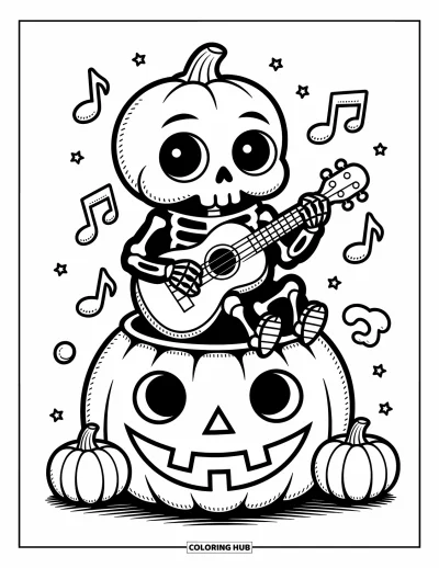 Disegno horror da colorare per adulti: Uno scheletro allegro con grandi occhi suona un ukulele in cima a una zucca sorridente