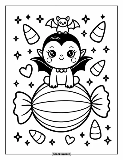 Disegno horror da colorare per adulti: Una vampira allegra con grandi occhi siede su una caramella circondata da cuori e chicchi di mais dolce
