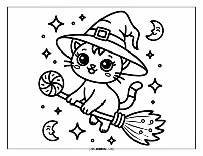 Disegno horror da colorare per adulti: Una gatta-strega allegra cavalca una scopa-caramella con lecca-lecca e stelle scintillanti