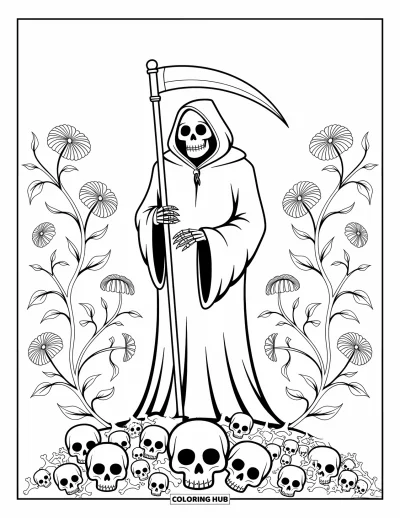 Disegno horror da colorare per adulti: Una Morte incappucciata si erge su una collina di ossa con motivi floreali e teschi intorno